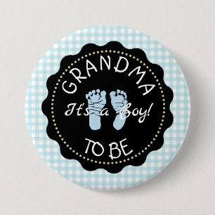 GRANDMA som är Blue Gingham Baby Shower-knapp Knapp