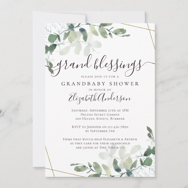 Grandma to be Eucalyptus Guld Glitter Baby Shower Inbjudningar (Framsida)