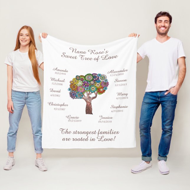 Grandma Träd blommigt, Brown on White 10 Namn/Data Fleecefilt (På plats)