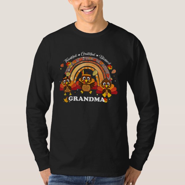 Grandma Turkey Rainbow Sunflower Thankful Grateful T Shirt (Framsida)