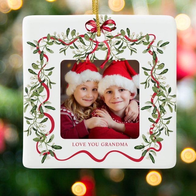 Grandma Vågigt Ram Bow Greenery Photo jul Julgransprydnad Keramik (Skapare uppladdad)