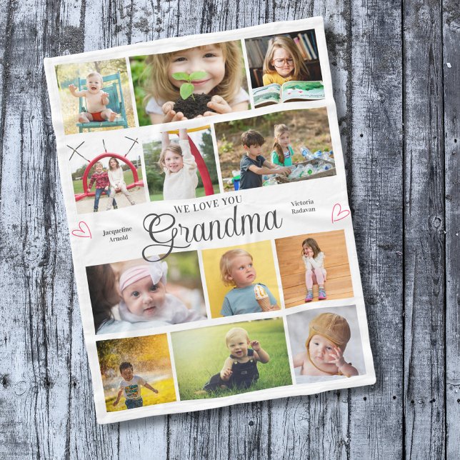 Grandma We Kärlek You Personlig Hearts Fleecefilt (Personalized Grandma we love you fleece blanket with 12 photos and custom text)