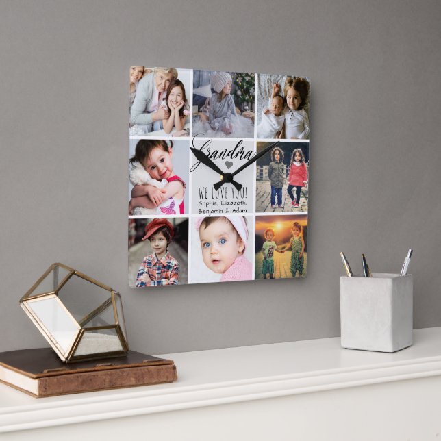 Grandma We Kärlek You Photo Collage Fyrkantig Klocka (Kontor)