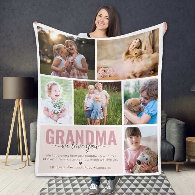 Grandma We Kärlek You Photo Collage Rosa Fleecefilt (Skapare uppladdad)