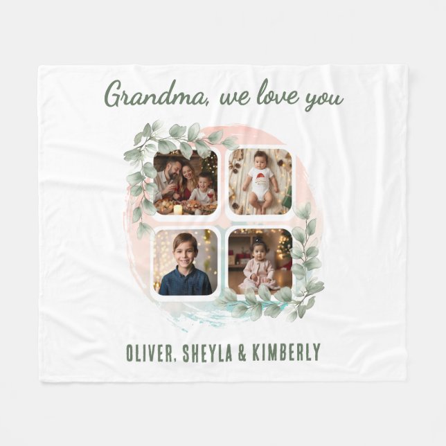 Grandma we love you 6 Photo Collage Eucalyptus Fleecefilt (Framsidan (Horisontell))
