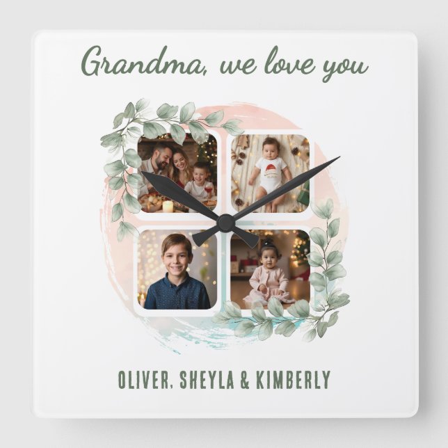 Grandma we love you 6 Photo Collage Eucalyptus Fyrkantig Klocka (Framsida)