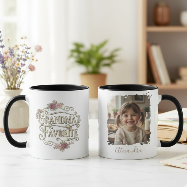 Grandma's Favorite Floral Typography Photo Mugg (Personalized Grandma photo mug)