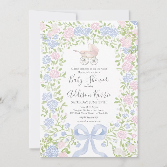Grandmillennial baby carriage baby shower invite inbjudningar (Framsida)