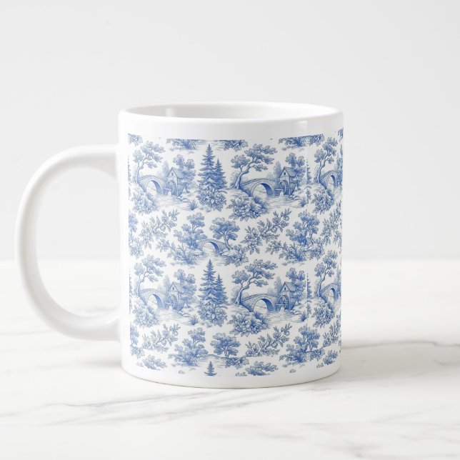 Grandmillennial Blå Toile Landsbygdlandskap Jumbo Mugg (Vänster)