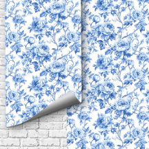 Grandmillennial Blå Toile Rosor Blommig Tapet