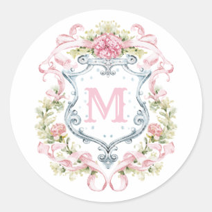 Grandmillennial Blommig Monogram Krön   Bröllop  Runt Klistermärke