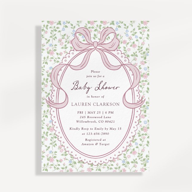 Grandmillennial Bow Baby Shower Invitation Inbjudningar (Skapare uppladdad)