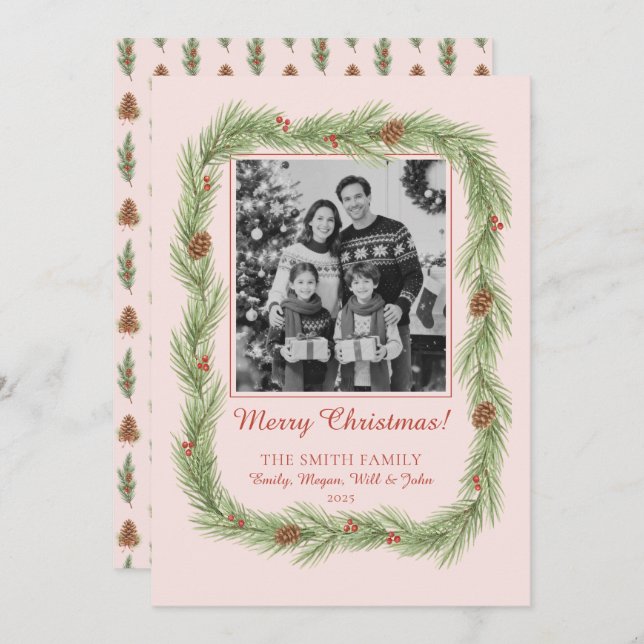 Grandmillennial Christmas Garland & Pinecone Photo Julkort (Fram/baksida)