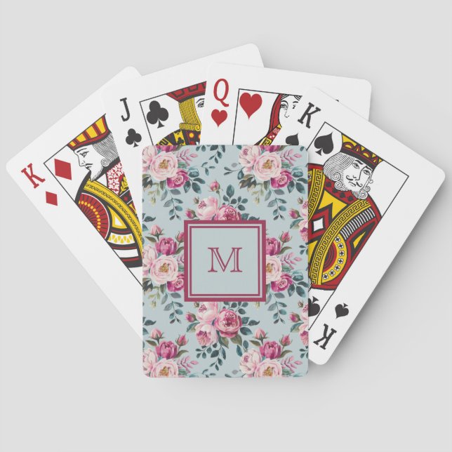 Grandmillennial Damros Blommig Anpassad Monogram Casinokort (Baksidan)