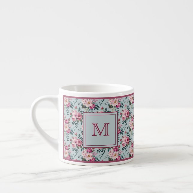 Grandmillennial Damros Blommig Anpassad Monogram Espressomugg (Vänster)