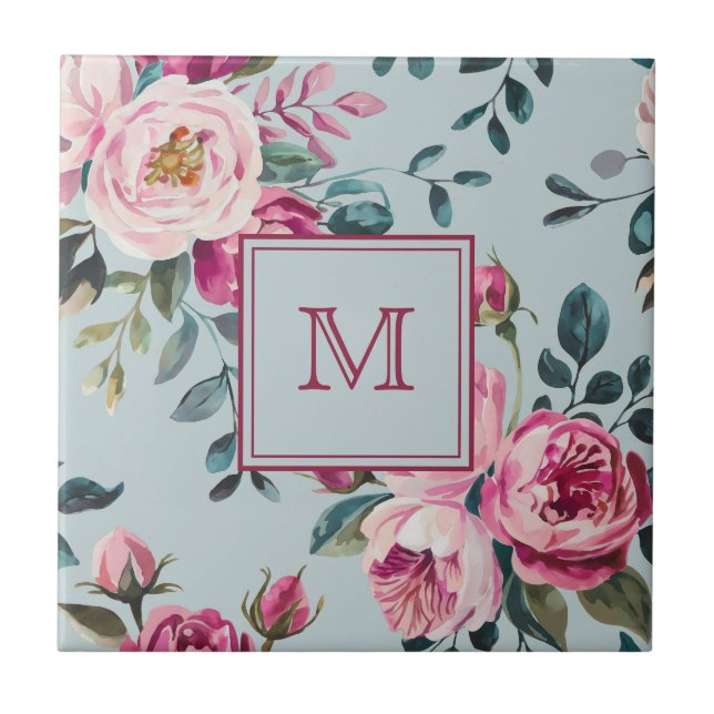 Grandmillennial Damros Blommig Anpassad Monogram Kakelplatta (Framsidan)