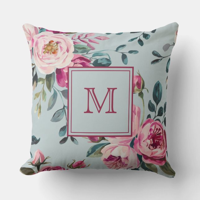 Grandmillennial Damros Blommig Anpassad Monogram Kudde (Framsida)