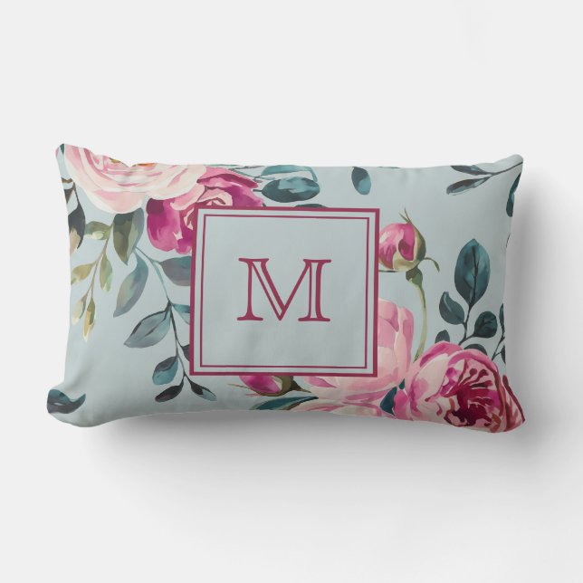 Grandmillennial Damros Blommig Anpassad Monogram Lumbarkudde (Framsida)