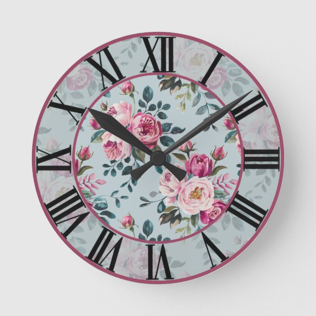Grandmillennial Damros Blommig Anpassad Monogram Rund Klocka (Framsida)