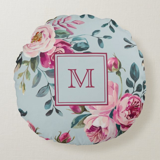 Grandmillennial Damros Blommig Anpassad Monogram Rund Kudde (Framsidan)