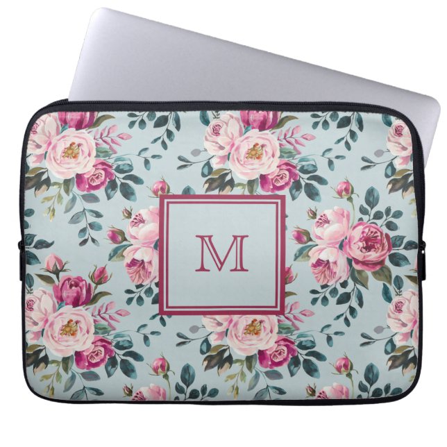 Grandmillennial Damrosblomma Anpassad Monogram Laptop Fodral (Framsidan)