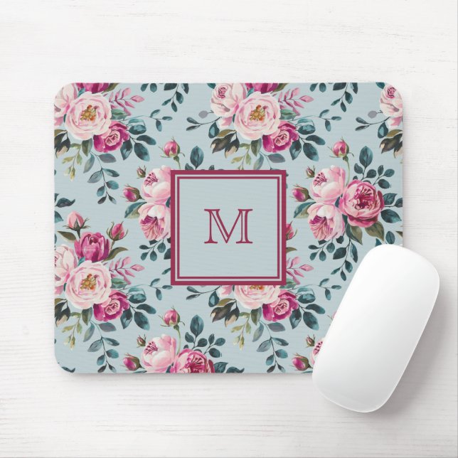 Grandmillennial Damrosblommig Anpassad Monogram Musmatta (Med mus)