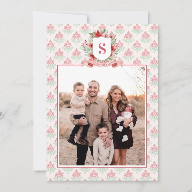 Grandmillennial Floral Crest | Christmas Monogram Julkort (Framsida)