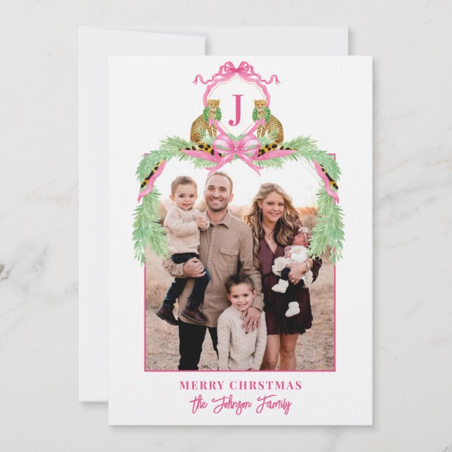 Grandmillennial jul leopard monogram foto inbjudningar (Framsida)