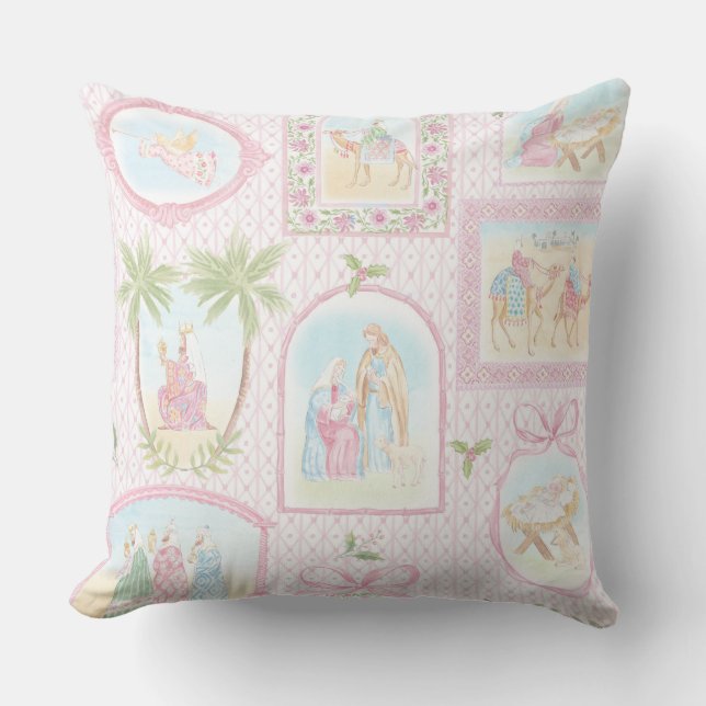 Grandmillennial Pastell Födelsescen Monogram Kudde (Framsida)