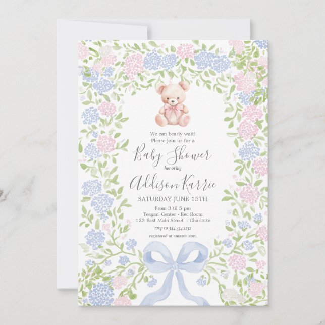 Grandmillennial pink  Bear baby shower invite Inbjudningar (Framsida)