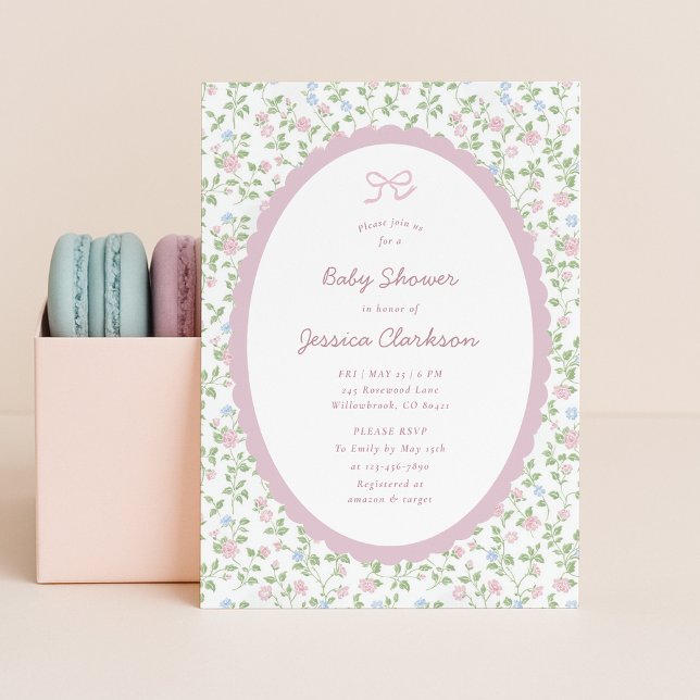 Grandmillennial Pink Bow Floral Baby Shower INVITE Meddelande (Skapare uppladdad)