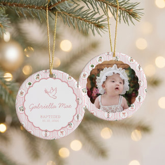Grandmillennial Pink Christmas Baptism Photo Julgransprydnad Keramik