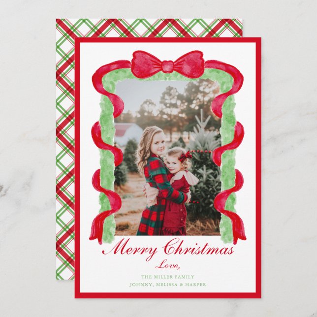 Grandmillennial Prydlig Röd Båge Girlang Foto Julkort (Fram/baksida)