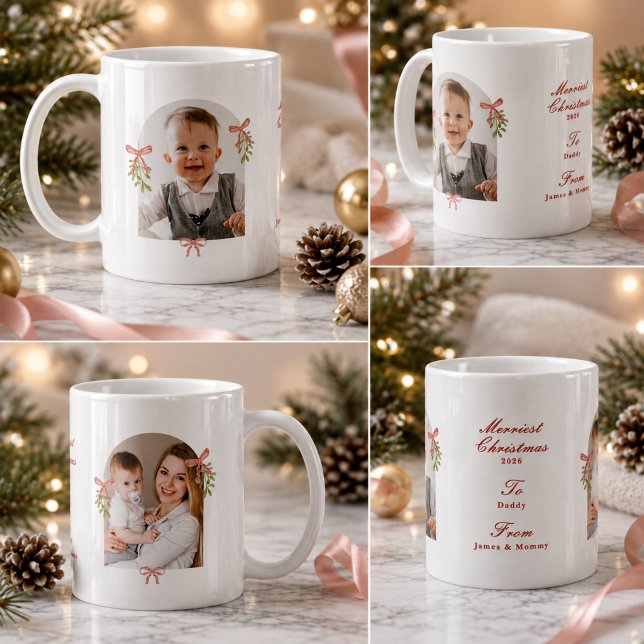 Grandmillennial Rosa Båge Mistel Jul Foto Kaffemugg (Skapare uppladdad)