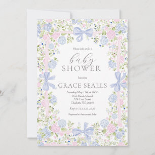Grandmillennial rosa och blå baby shower inbjudan