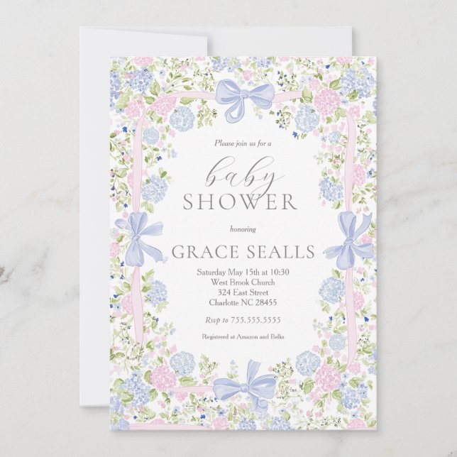 Grandmillennial rosa och blå baby shower inbjudan (Framsida)