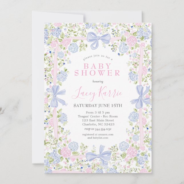 Grandmillennial rosa och blå baby shower inbjudan (Framsida)