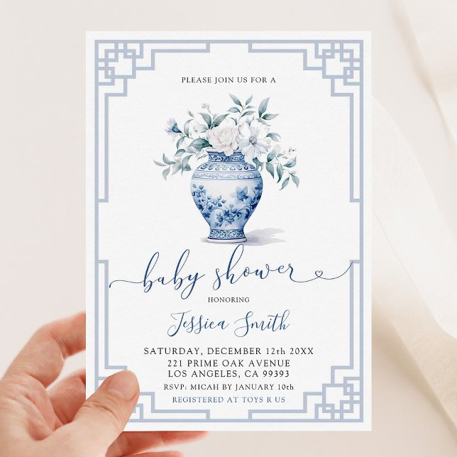 GrandMillennium White Blommigt Blue Ginger Baby Inbjudningar (Skapare uppladdad)