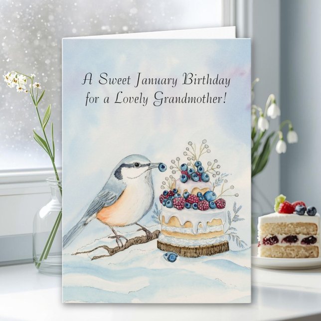 Grandmother Happy January Birthday Nuthatch  Kort (Skapare uppladdad)