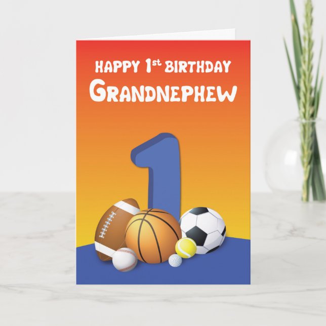 Grandnephew 1:a Birthday Sports Bollar Kort (Framsida)