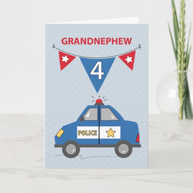 Grandnephew 4e födelsedagen Blue Police Car Kort (Framsida)