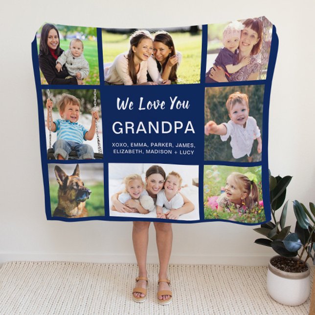 Grandpa 8 Photo Collage Navy Blue Fleecefilt (Skapare uppladdad)