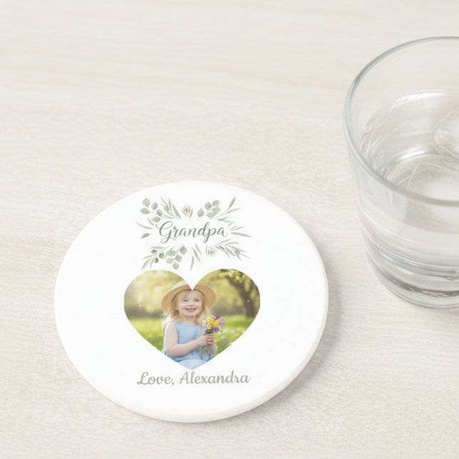 Grandpa Gift Coaster - Heart Photo & Eucalyptus Underlägg (Personalized photo grandpa drink coaster)