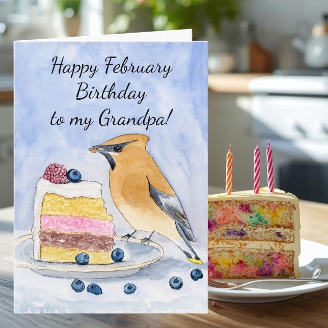 Grandpa Happy February Birthday Cedar Waxwing Cake Kort (Skapare uppladdad)
