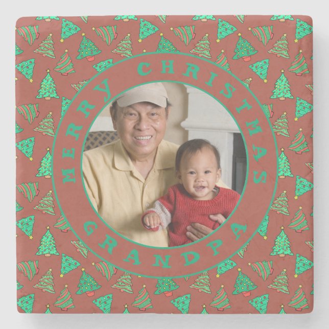 Grandpa Photo Julgranar White Marble Stenunderlägg (Framsidan)