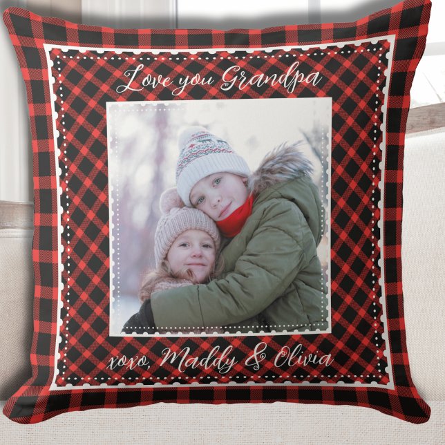 Grandpa Photo Play jul Kudde (Grandpa Red Buffalo Plaid Christmas Holiday Throw Pillow)