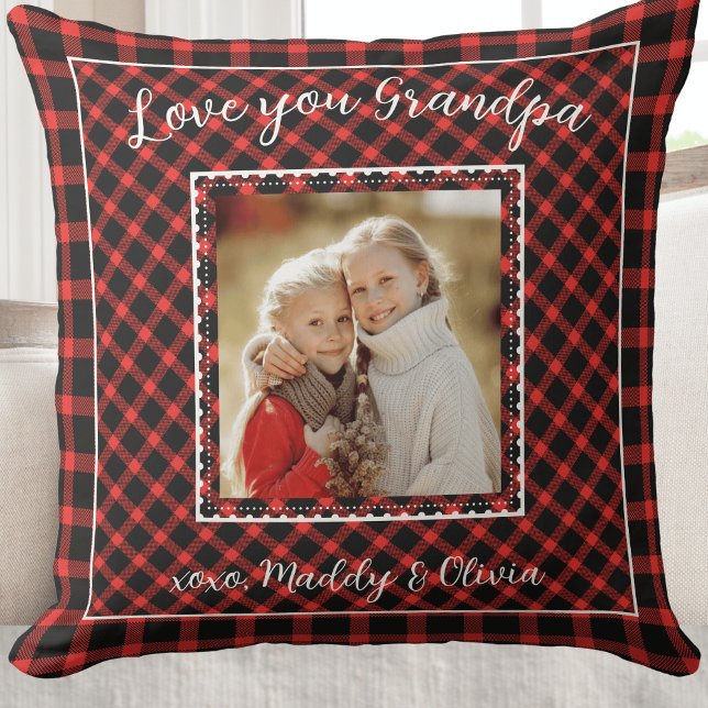 Grandpa Red Buffalo Play Photo Pillow Kudde (Grandpa Red Buffalo Plaid Photo Pillow)