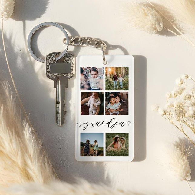 Grandpa-skript| Farbarn - Fotorutnätskoppling (Grandpa Script | Grandchildren Photo Grid Collage Keychain)
