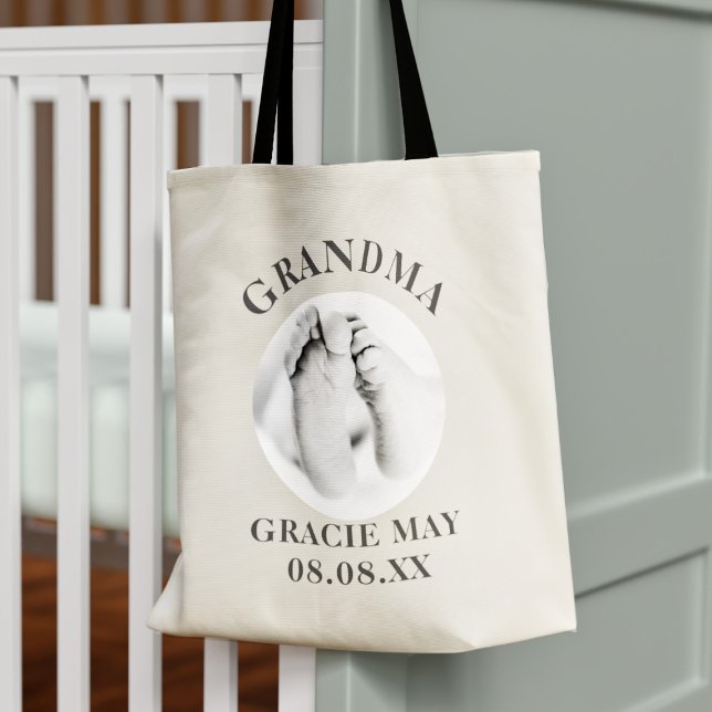 Grandparent Nyfödd bebis Photo Grandma Tote Bag Tygkasse (Just upload your baby photo and name to this cute grandma tote bag)