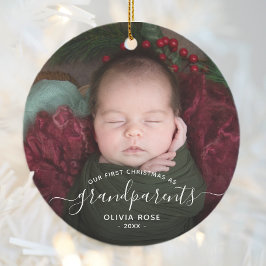 Grandparents First Christmas Photo White Script Julgransprydnad Keramik